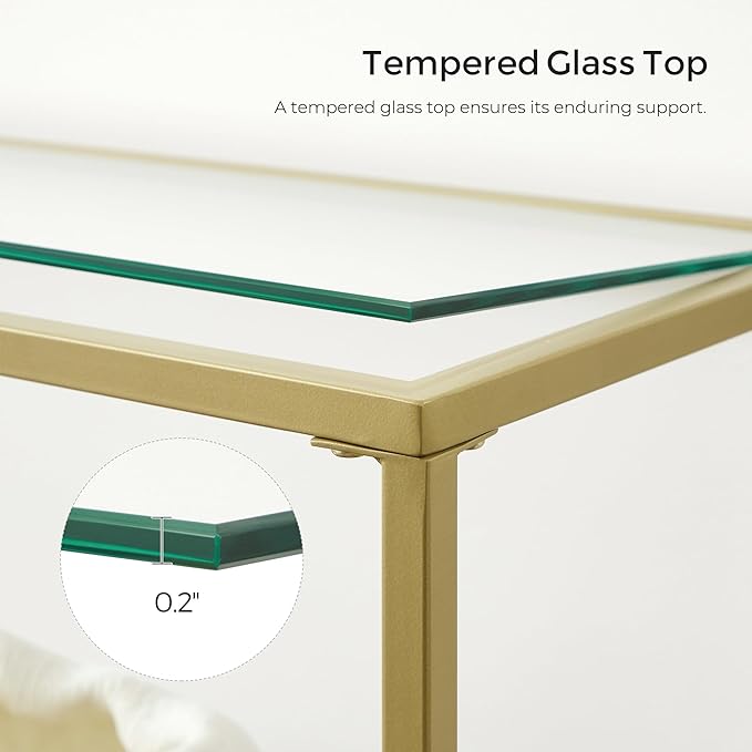 VASAGLE 51.2 Inch Console Table with 3 Shelves, Sofa Tables, Modern Entryway Table, Metal Frame, Tempered Glass Shelf, Entryway Living Room Bedroom, Metallic Gold and Transparent ULGT024A01