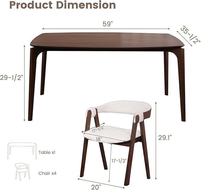 CONSDAN Dining Table Set for 4-6, Includes 1 Table & 4 Chairs, Walnut Veneer Top, Solid Wood Frame, Natural Wood Grain, Easy Assembly, Modern Design
