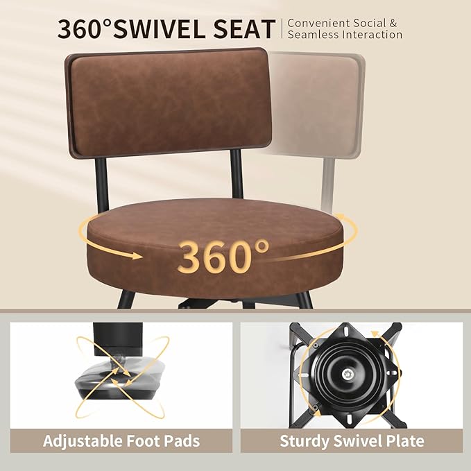 Bar Stools Set of 2, 25 Inch Swivel Bar Stools Bar Chairs, Faux Leather Counter Height Bar Stools with Backrest, Stools for Kitchen Counter Island Rustic Farmhouse, Brown
