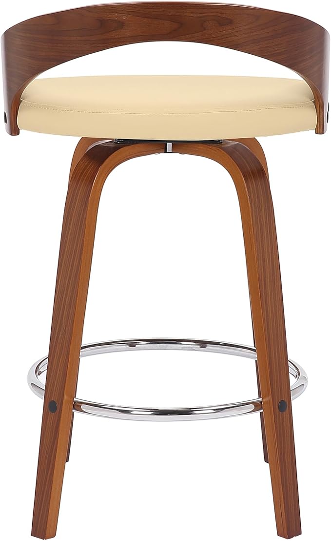 Armen Living Sonia 26" Counter Height Swivel Cream Faux Leather and Walnut Wood Bar Stool - Set of 3