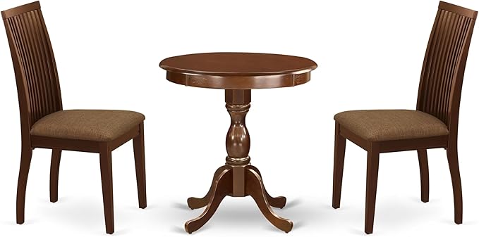 East West Furniture ESIP3-MAH-C 3 Piece Modern Dining Table Set Contains a Round Wooden Table with Pedestal and 2 Linen Fabric Upholstered Dining Chairs, 30x30 Inch, Mahogany