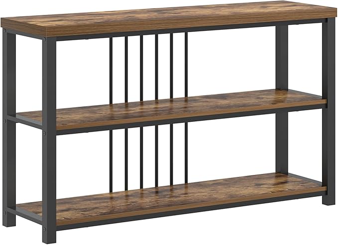 FOLUBAN Industrial Console Table, 3 Tier Entryway Table, Sofa Foyer Table for Living Room Hallway Behind Couch, Rustic Brown