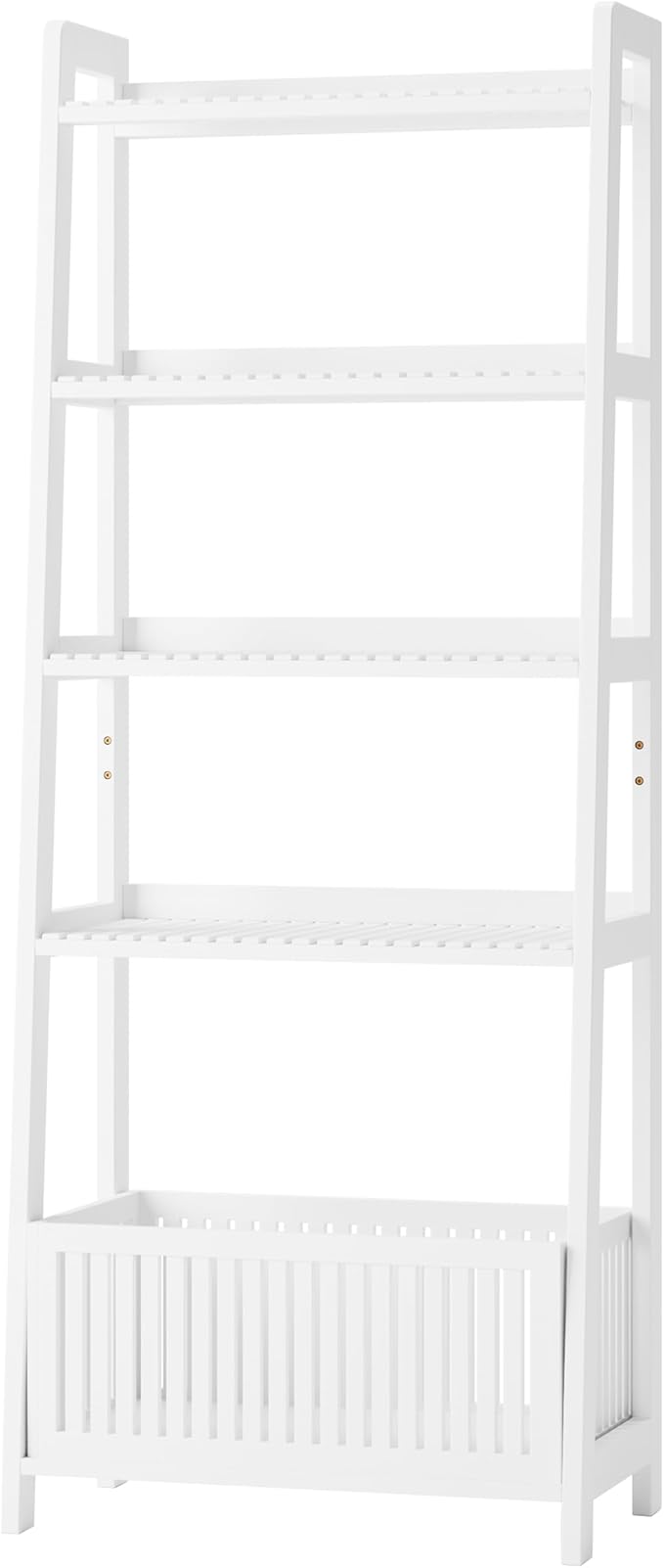 Bamjoy Bamboo White Bookshelf with Slatted Basket, Ladder Bookcase with 4 Display Shelves and 1 Open Storage Basket, Multifunctional Storage Rack Organizer for Home Office, Bedroom, Living Room, 66” H