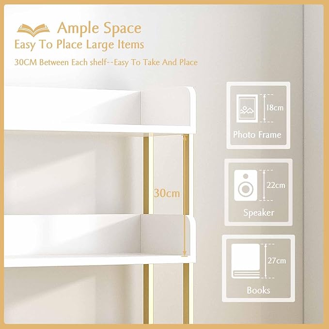 Wide Open Shelf Bookcase - Modern 4-Tier Floor Standing Display Bookshelf with Three-Side Baffles for Home and Office, Storage Shelving in Warm White with Gold Frame