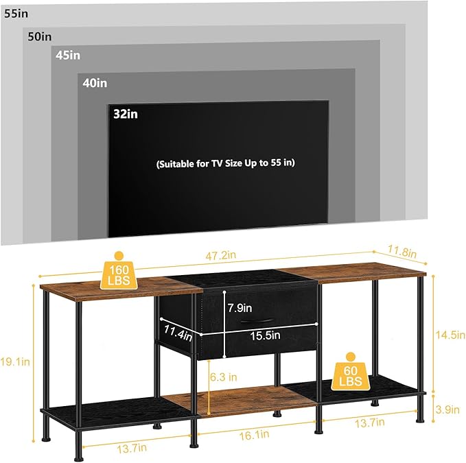 Vrisa TV Stand for 50/55 inch Television TV Cabinet with Open Storage TV Stands with Fabric Drawer Storage Organization TV Stands for Living Room Bedroom, Black+Brown