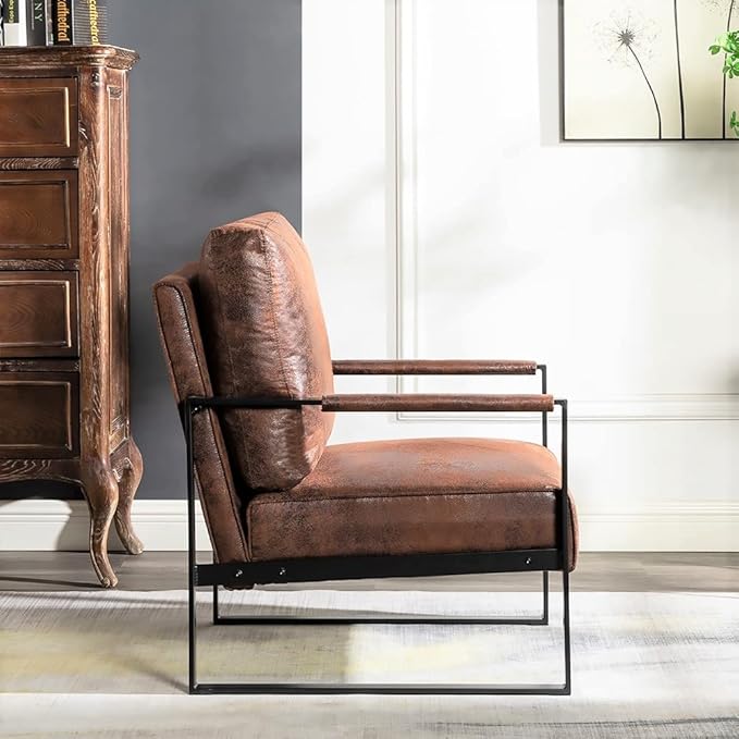 Container Furniture Classic Mid Century Modern Accent Chair with Durable Square Metal Frame, Armchair for Living Room, Bedroom, Home Office in Spotted Microfiber Upholstery, Brown