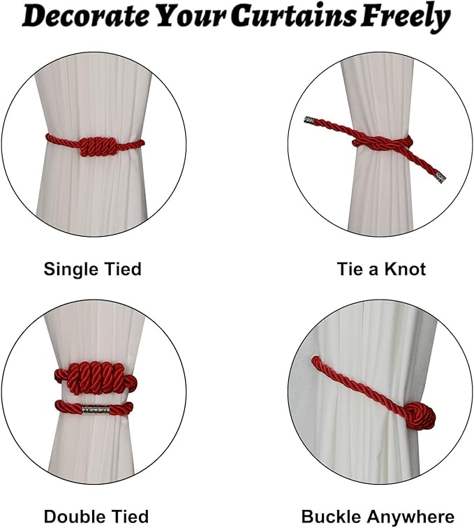 BEL AVENIR Magnetic Curtain Tiebacks, Decorative Drapery Holdbacks Modern Woven Tie-Backs with Exquisite Knot (Red, 2 Pack)