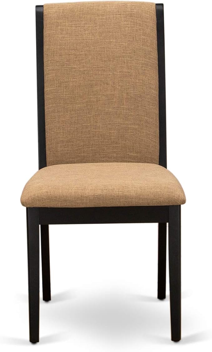 East West Furniture ESLA3-BCH-47 3 Piece Modern Dining Table Set Contains a Round Wooden Table with Pedestal and 2 Light Sable Linen Fabric Upholstered Chairs, 30x30 Inch, Black & Cherry