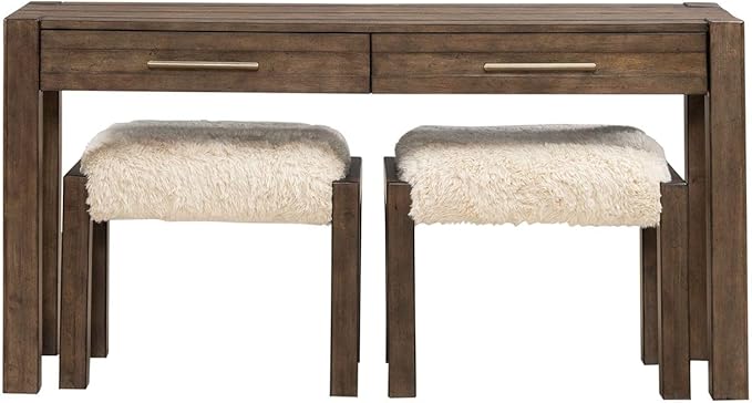 Liberty Furniture Broadmore Living Room Alt 3 Piece Set - Console Bar Table, 2 Upholstered Ottoman Stools - Cobblestone Brown