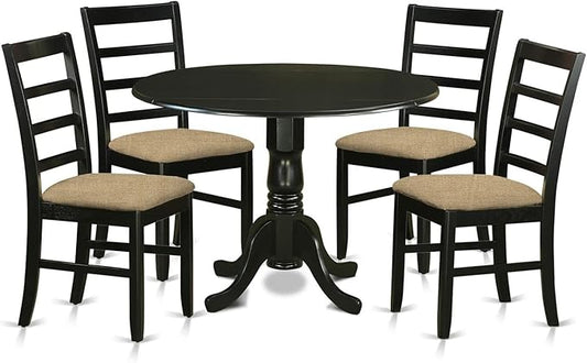 East West Furniture DLPF5-BLK-C 5 Piece Dining Table Set for 4 Includes a Round Kitchen Table with Dropleaf and 4 Linen Fabric Dining Room Chairs, 42x42 Inch, Black