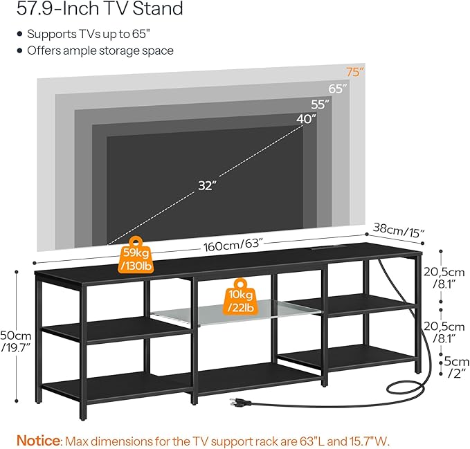 HOOBRO LED TV Stand for 75 Inch TVs with Charging Station, Gaming Entertainment Center with 3-Tier Open Storage, Long 63” Media TV Console Table, TV Stand for Living Room, Bedroom, Black BB21UDDS01