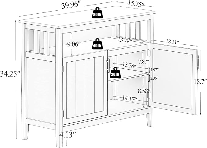 RASOO Espresso Buffet Cabinet, Modern Design with 2 Doors, Large Storage, MDF+Wood, 39.96x15.75x34.25 inches