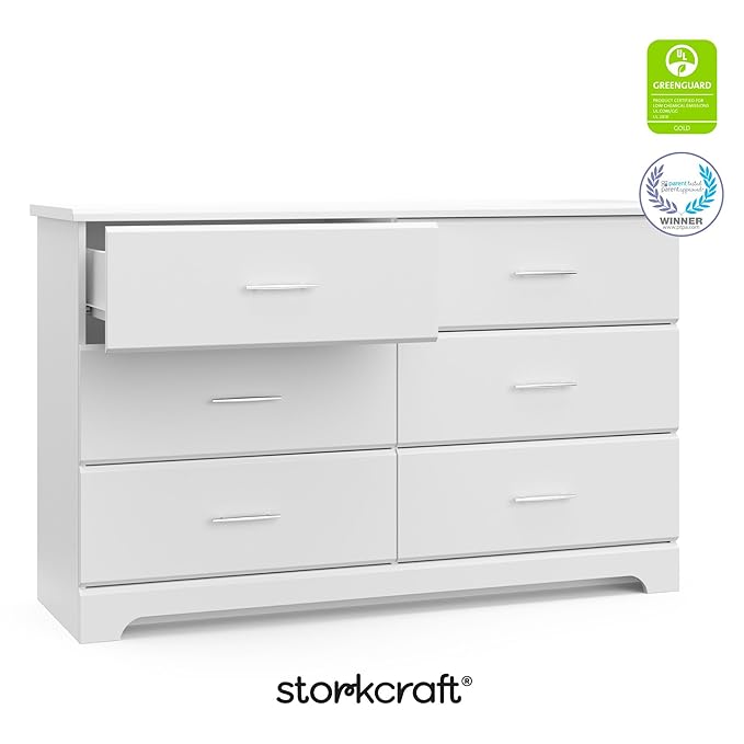 Storkcraft Brookside 6 Drawer Double Dresser (White) – GREENGUARD Gold Certified, Dresser For Nursery, Kids, Chest Of Drawers