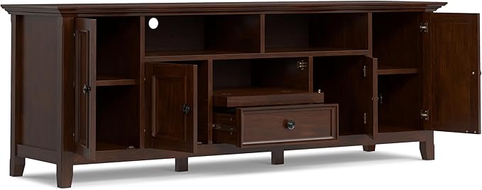 SIMPLIHOME Amherst 72-inch Wide Solid Wood TV Stand in Russet Brown, Transitional-Style Media Console for Living Room with Cable Management and Adjustable Shelves, Fits 80" TVs