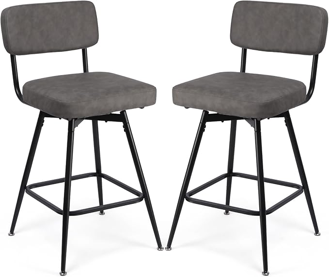 Swivel Counter Height Bar Stools Set of 2, Faux Leather Bar Stools with Back, Metal Legs and Footrest, 26" Seat Height Barstools for Kitchen Islands and Home Bars, Easy Assembly, Grey&Black