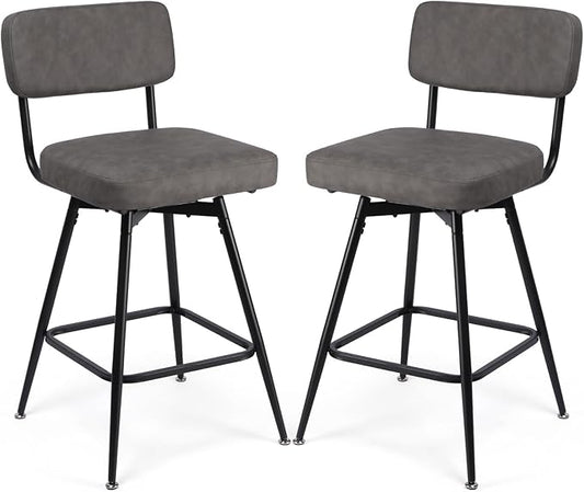 Swivel Counter Height Bar Stools Set of 2, Faux Leather Bar Stools with Back, Metal Legs and Footrest, 26" Seat Height Barstools for Kitchen Islands and Home Bars, Easy Assembly, Grey&Black