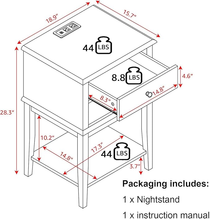 conifferism White Nightstand with Charging Station 28 inches Tall for Bedroom, Sofa Side Table with 2 Drawers,Large End Table with USB Ports,Modern Bedside Table for Home Living Room