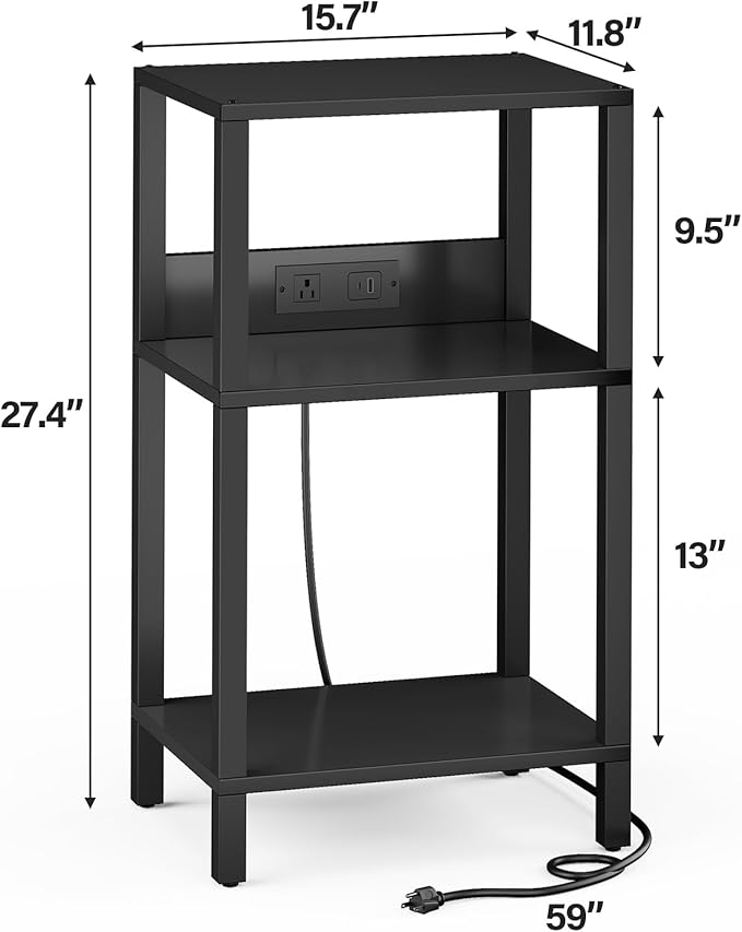 TUTOTAK Record Player Stand with Storage Up to 100 Albums，Record Storage Table,3 Tier End Table with Charging Station,Side Table for Living Room, Bedroom, Black TB01BK076