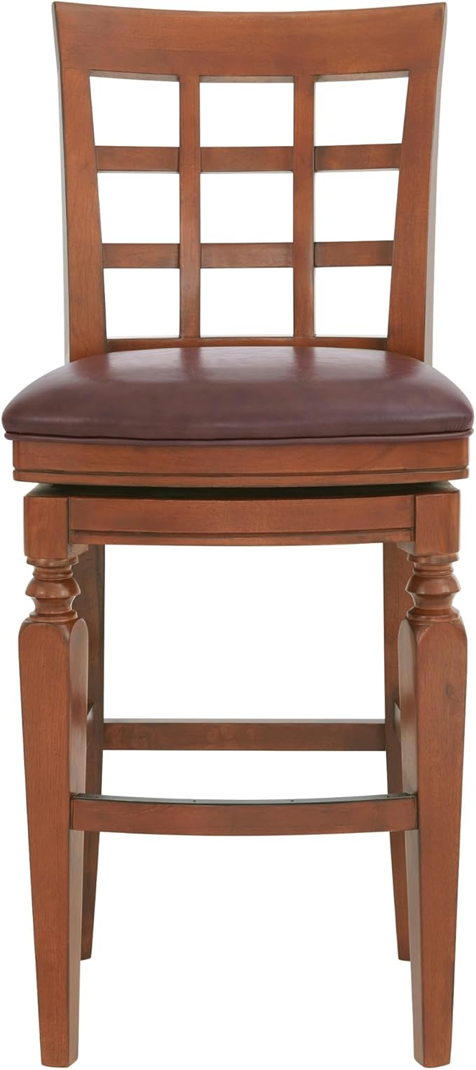 Alaterre Furniture Napa Bar Height Swivel Stool with Back – Faux Leather Upholstered Seat Barstool with Memory Return, Turned Wood Legs, Lattice Back Design, and Metal Kick Plate for Kitchen Islands