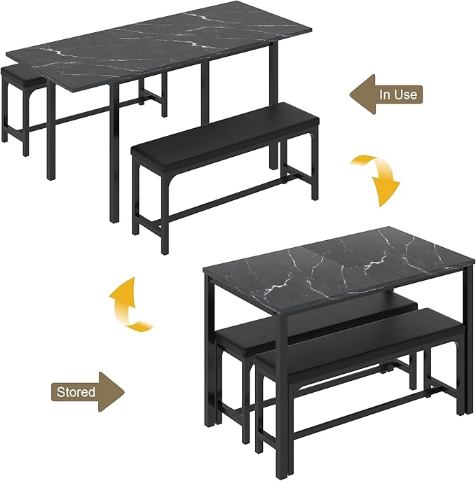 VECELO 3-Piece 63" Extendable Kitchen Table with Benches/Chairs, Modern Breakfast Dinette/Dining Room Set for 4/6/2, Small Space Saving Design, Easy Assembly