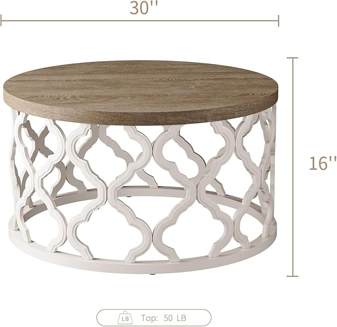 karlott Farmhouse Coffee Table, French Country Round Coffee Table, Coastal Coffee Table with Distressed Wood Top, Boho Coffee Table with Curved Motif Frame Base for Living Room, Dining Room, Bedroom