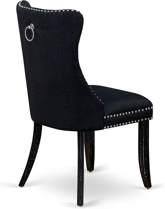NKDA9-SBB-24-9-pc Dining Room Set Consists of a Rectangular Table and 8 Black Polyester Fabric Dining Chairs with Button Tufted Chair Back - Sand Blasting Black Finish.