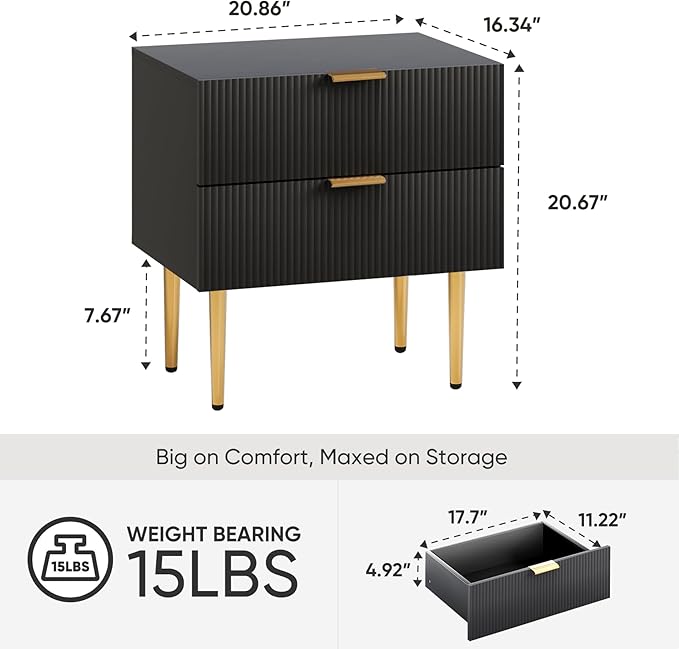 Night Stand, Black and Gold Nightstand with Fluted Panel, Bedside Table with 2 Drawer, Large Mid Century Modern Nightstand with Gold Leg, End Tables for Bedroom