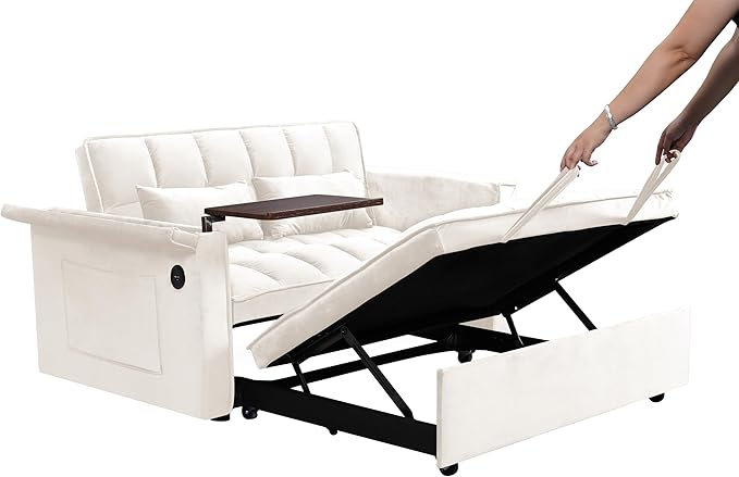 Ball & Cast 55" 3 in 1 Sleeper Sofa Bed Velvet Upholstered Pull Out Couch with Adjustable Back & 2 Pillows,Convertible Futon Sofa Bed W/Hidden Side Table,Side Pocket & USB Port,for Living Room,Beige