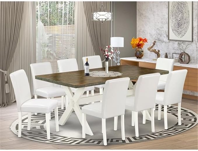 East West Furniture X077AB264-9 9 Piece Dining Room Furniture Set Includes a Rectangle Dining Table with X-Legs and 8 White Faux Leather Upholstered Chairs, 40x72 Inch, Multi-Color