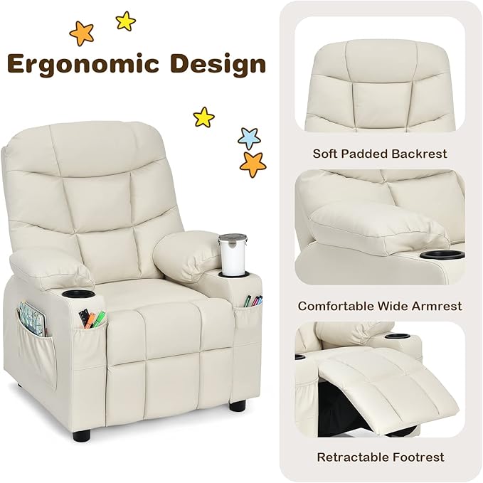 Costzon Kids Recliner Chair with Cup Holder, Adjustable Lounge Chair w/Footrest & Side Pockets for Children Boys Girls Room, Ergonomic Toddler Furniture Sofa, Kids Recliner (Beige)