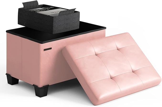 STORAGEBUD Storage Ottoman Cube with Small Bin, 16-in Square Ottoman with Storage for Living Room and Bedroom, Small Ottomans Foot Rest, Faux Leather Foot Stools Ottomans Max 330lbs, Pink
