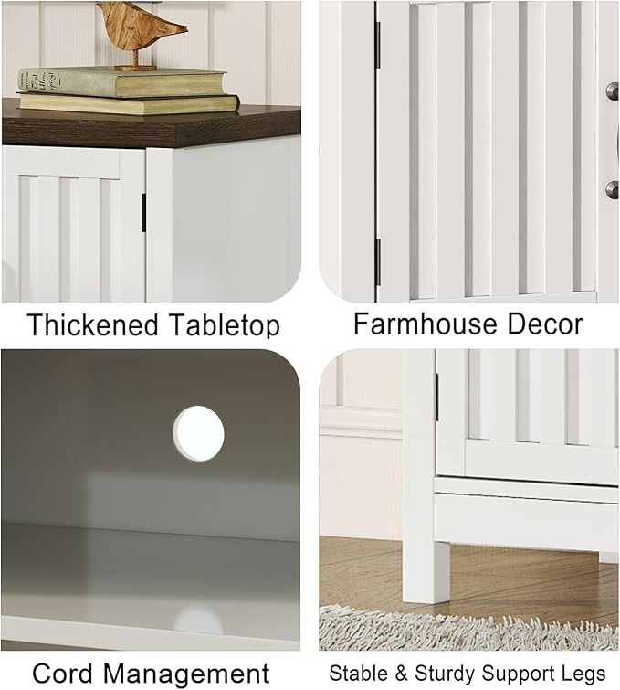 ChooChoo Farmhouse TV Stand, Wood Fluted Door Entertainment Center with Storage Cabinets and Open Shelves, Rustic Media Console up to 55 inches for Living Room, Bedroom, White