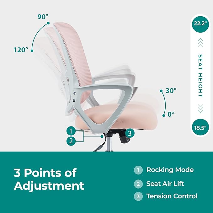 Office Chair, Computer Gaming Chair with Arms, Ergonomic Home Office Desk Chairs with Wheels, Mid-Back Task Rolling Chair with Lumbar Support, Comfy Mesh Swivel Executive Chair