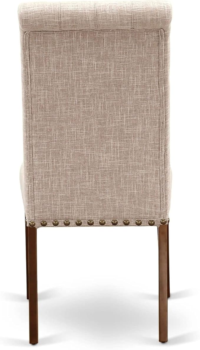 East West Furniture ESBR3-MAH-04 3 Piece Modern Dining Table Set Contains a Round Wooden Table with Pedestal and 2 Light Tan Linen Fabric Parson Dining Chairs, 30x30 Inch, Mahogany