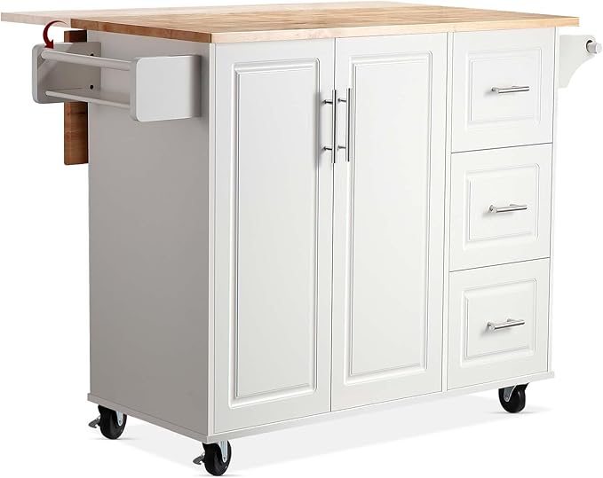 54" Rolling Kitchen Island Cart with Storage, Large Kitchen Cart Cabinet with Folding Drop Leaf Breakfast Bar, Wood Island Table with 3 Drawers and Spice Rack & Towel Rack, White