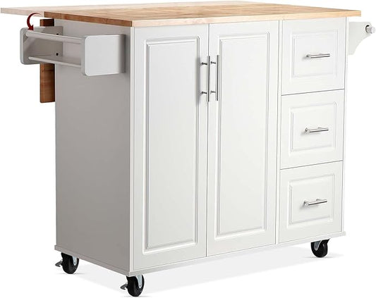 54" Rolling Kitchen Island Cart with Storage, Large Kitchen Cart Cabinet with Folding Drop Leaf Breakfast Bar, Wood Island Table with 3 Drawers and Spice Rack & Towel Rack, White