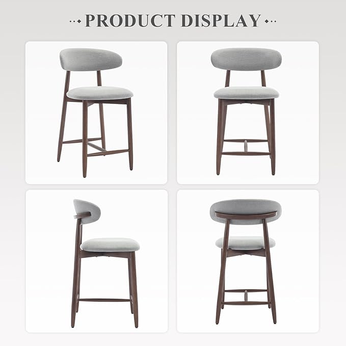 Upholstered Counter Height Bar Stools Set of 6, Kitchen Island Stools with Back, Modern Counter Barstools Bar Chairs with Wood Legs, Light Grey
