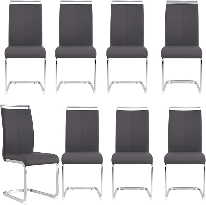 Dining Chairs Set, Kitchen Modern Metal Chairs with Faux Leather Padded Seat High Back and Sturdy Chrome Legs, Chairs for Dining Room (Grey, Set of 8)