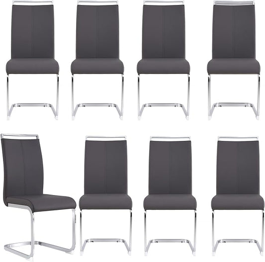 Dining Chairs Set, Kitchen Modern Metal Chairs with Faux Leather Padded Seat High Back and Sturdy Chrome Legs, Chairs for Dining Room (Grey, Set of 8)
