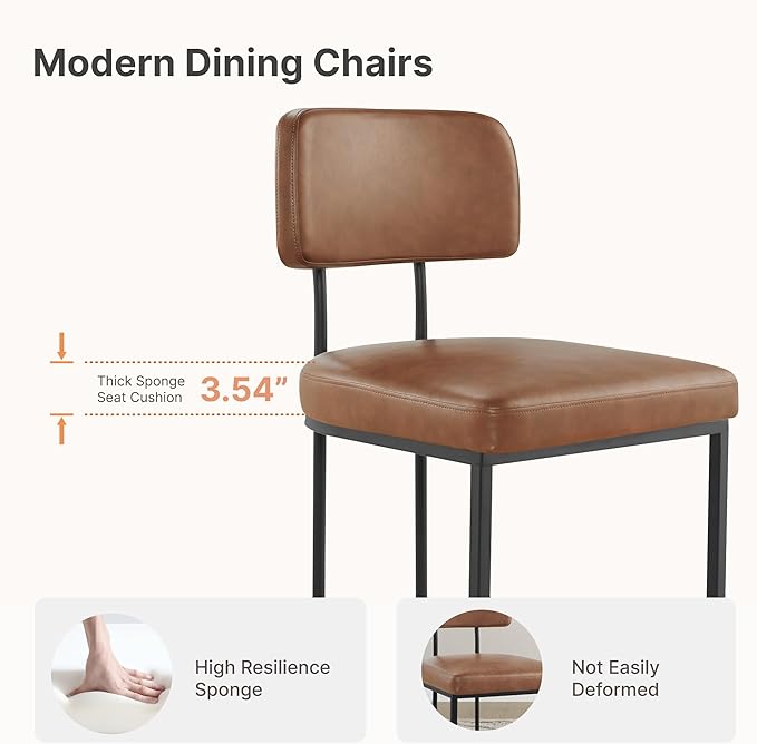 Dining Chairs Set of 6, Upholstered Modern Kitchen Chairs with Ergonomic Backrest, Faux Leather Cushion Seat & Metal Legs for Living Room, Restaurant, and Café, Brown, 2 Boxs