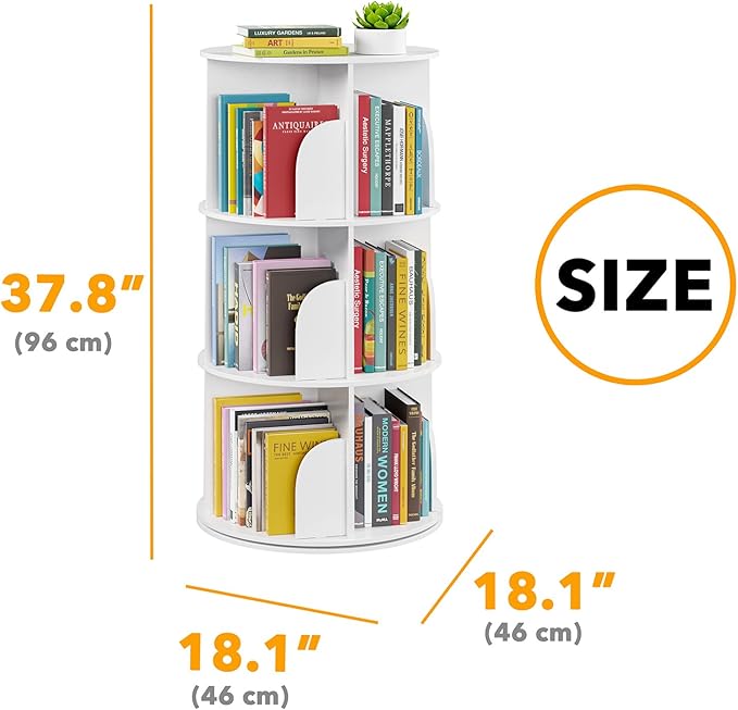 SpaceAid 3 Tier Rotating Bookshelf Tower, Spinning Bookcase Lazy Susan, Revolving 360 Book Shelf Storage Round Carousel, Vertical Rotate Turning Spiral Corner Organizer, White