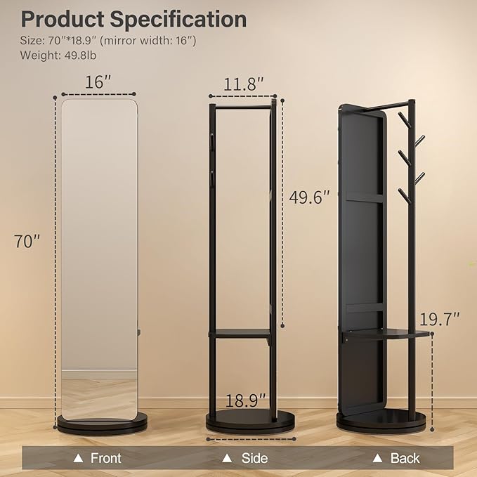 70"x16"Full Length Mirror with Stand,Coat Rack with Mirror,Solid Wood Floor Mirror,Swivel Mirrorfor Bedroom, Living Room, Cloakroom