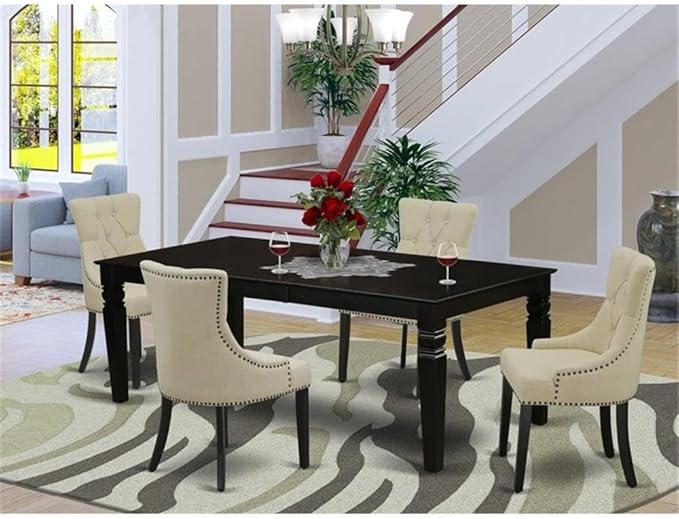 East West Furniture LGFR5-BLK-02 5 Piece Dining Room Set Includes a Rectangle Wooden Table with Butterfly Leaf and 4 Light Beige Linen Fabric Parson Dining Chairs, 42x84 Inch, Black