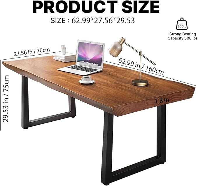 Modern Minimalist Solid Wood Office Desk with Metal Base Easy to Assemble Durable Writing Table Dining Table Computer Desk Multiple Ideal for Living Room and Dining Room (63inch)