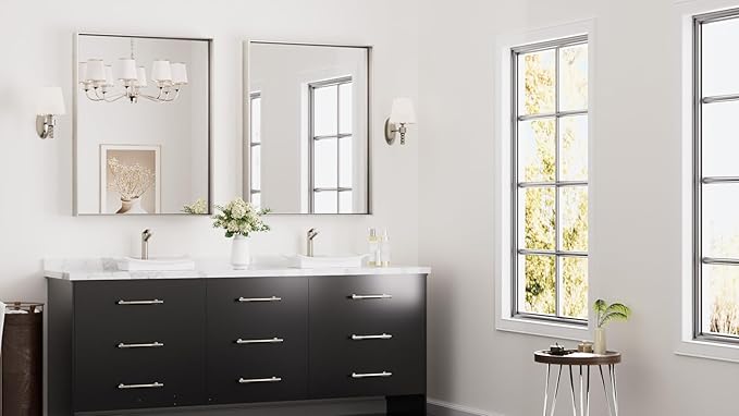Keonjinn Brushed Nickel Bathroom Mirror for Wall 28 x 36 in, Rectangular Metal Framed Silver Mirror for Vanity Square Corner Aluminum Alloy Rectangle Modern Mirror for Over Sink(Horizontal/Vertical)