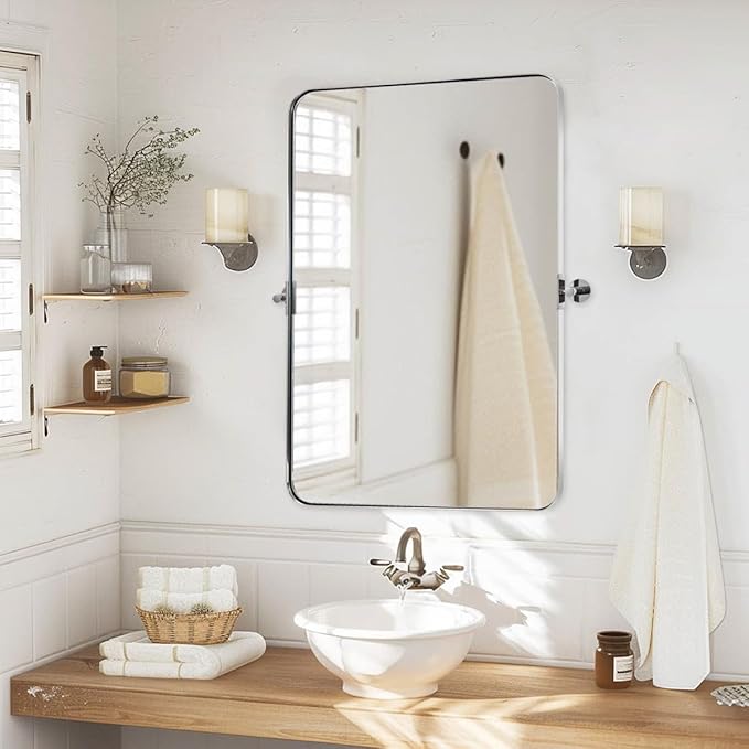 MOON MIRROR Polished Chrome Pivot Mirror for Bathroom, Tilt Bathroom Rounded Rectangle, Overall 28.33 x 32 in (Mirror 24x 32 in)