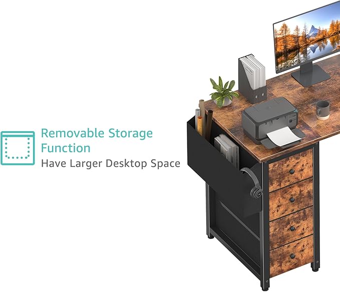 Lufeiya L Shaped Computer Desk with Drawers & Storage Shelves, 63 Inch Corner Desk with Power Outlet for Home Office Bedroom, L-Shaped Teen PC Gaming Desks with Fabric Drawer, Rustic Brown