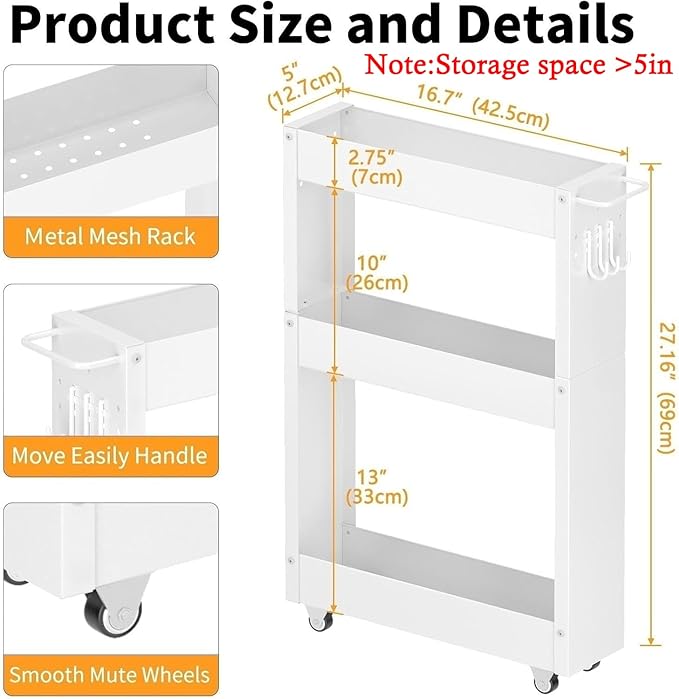 Slim Storage Cart, 5 in Width, 3-Tier White Rolling Cart with Handle for Kitchen Bathroom Laundry Narrow Places