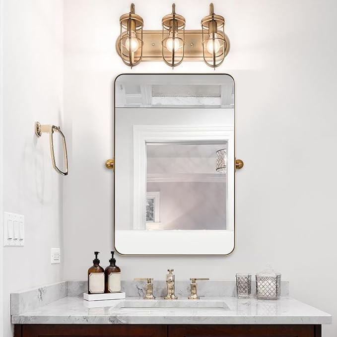 MOON MIRROR 24" x 36" Brushed Gold Metal Framed Pivot Rectangle Bathroom Mirror for Wall, Tilting Rounded Corner Rectangular Vanity Mirror Hangs Vertical Only