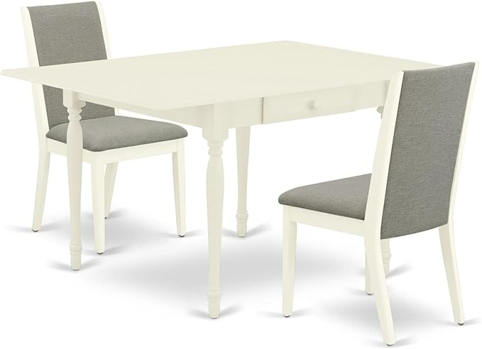 East West Furniture MZLA3-LWH-06 3 Piece Kitchen Table & Chairs Set Contains a Rectangle Dining Table with Dropleaf and 2 Shitake Linen Fabric Upholstered Chairs, 36x54 Inch, Linen White